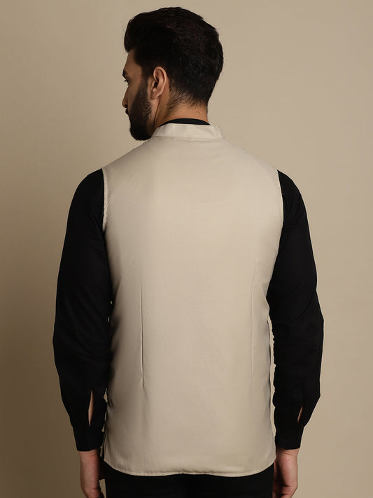 Even Apparels Men's Cream Mandarin Collar Waistcoat | Swadesiicart