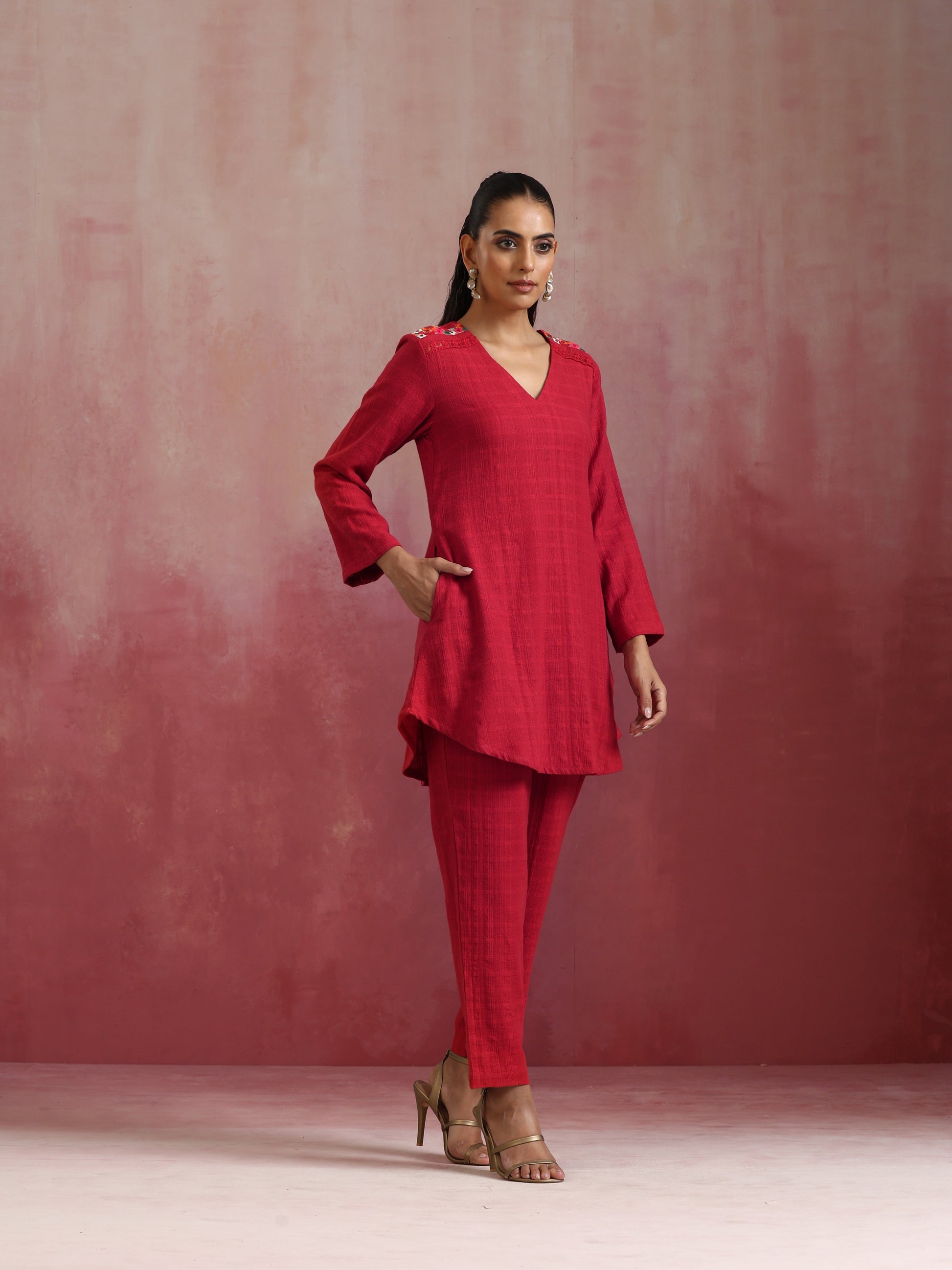 trueBrowns Red Cotton Dobby Kurta Co-ord set - Swadesiicart