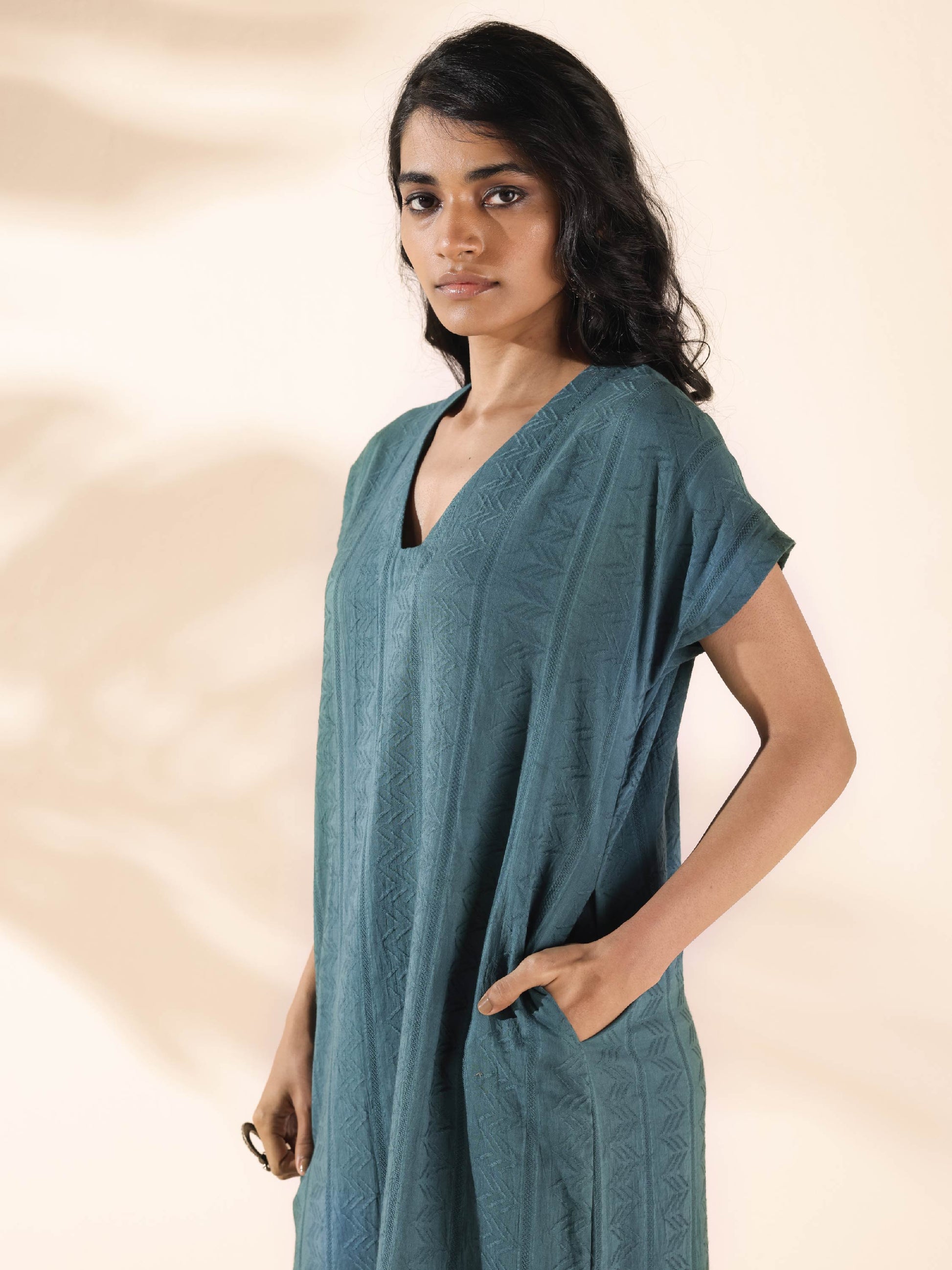 trueBrowns Turquoise Cotton Dobby Dress | Swadesiicart