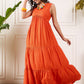 InWeave Orange V Neck Sleeveless Long Tiered Dress - Swadesiicart
