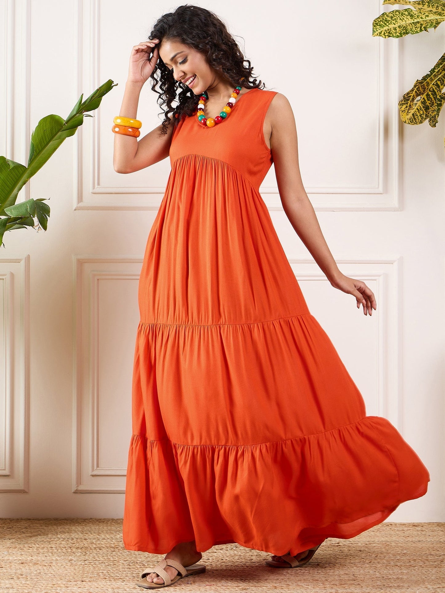 InWeave Orange V Neck Sleeveless Long Tiered Dress - Swadesiicart