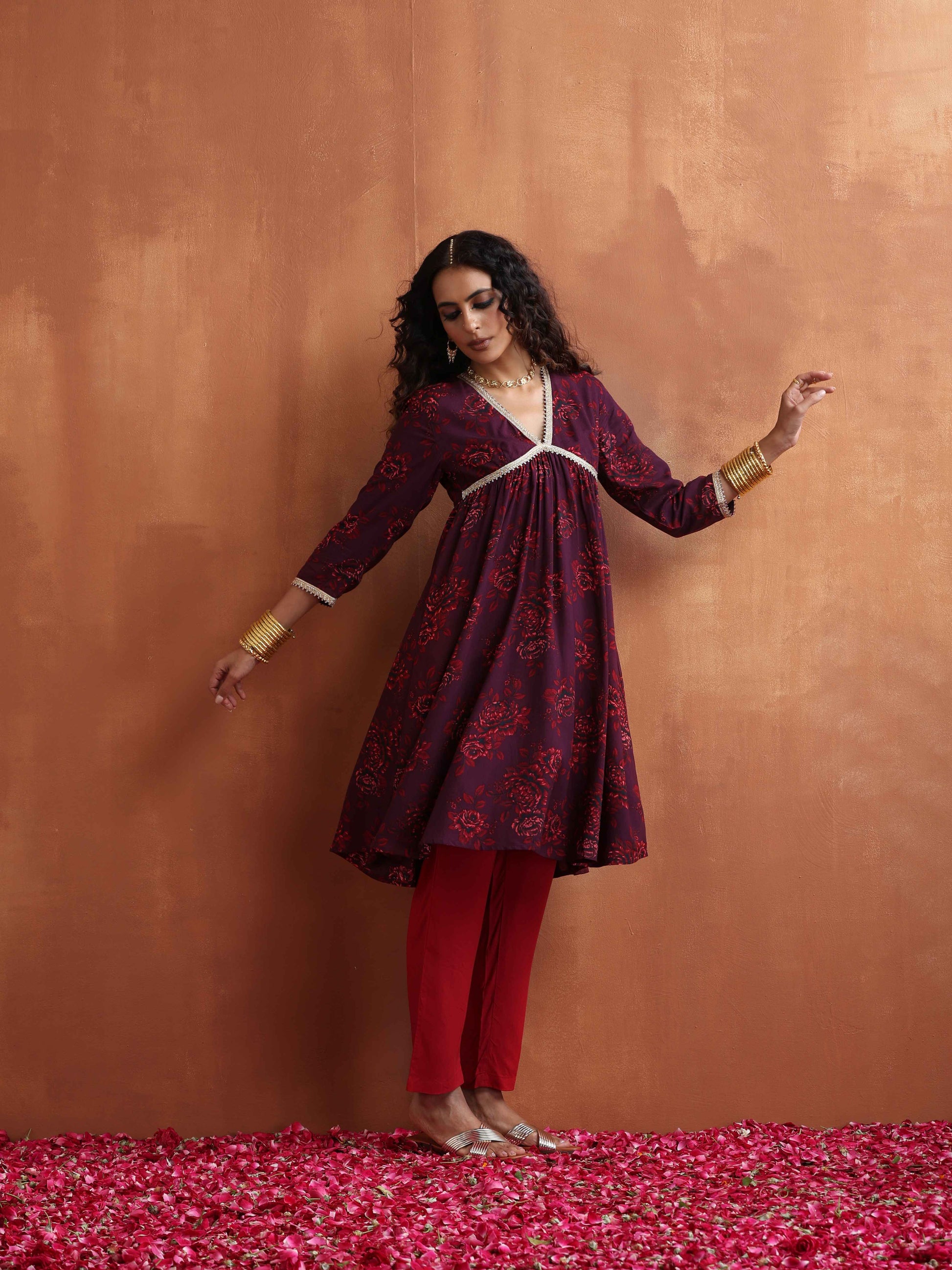 trueBrowns Purple Floral Print Anarkali Kurta Co-ord Set - Swadesiicart