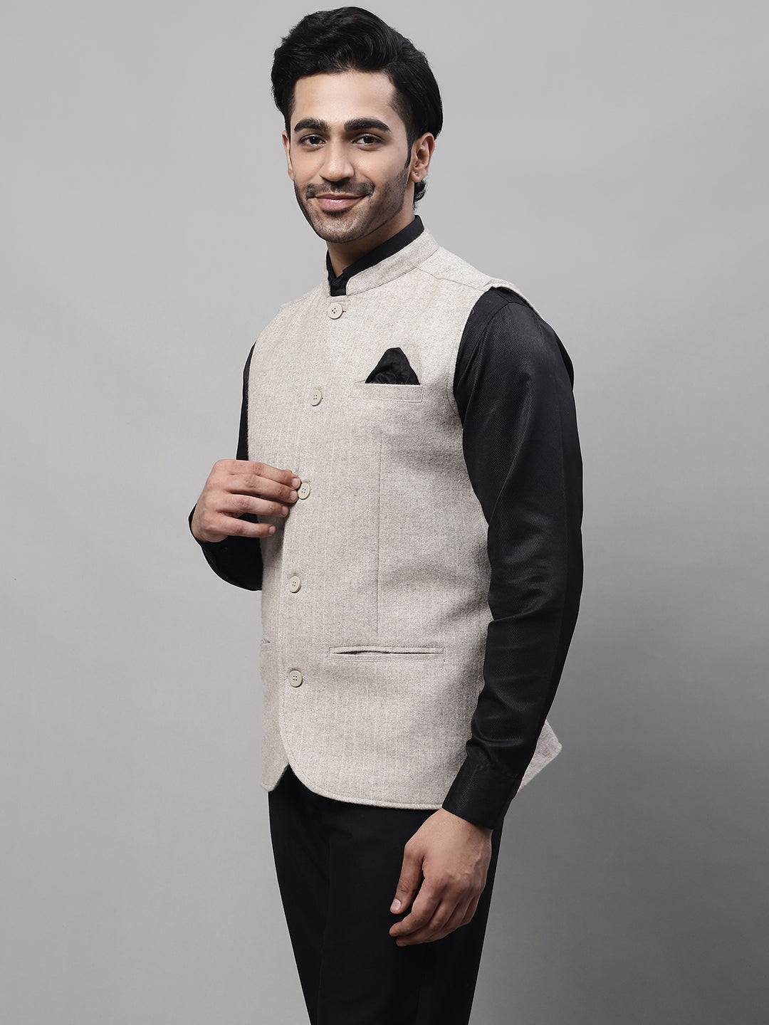 Even Apparels Men's Beige Pure Wool Nehru Jacket | Swadesiicart