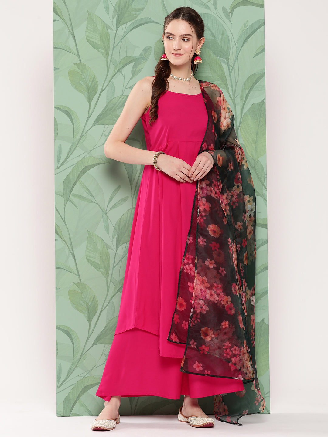InWeave Women's Fuchsia Strappy Set W Dark Green Camelia Or Dupatta - Swadesiicart