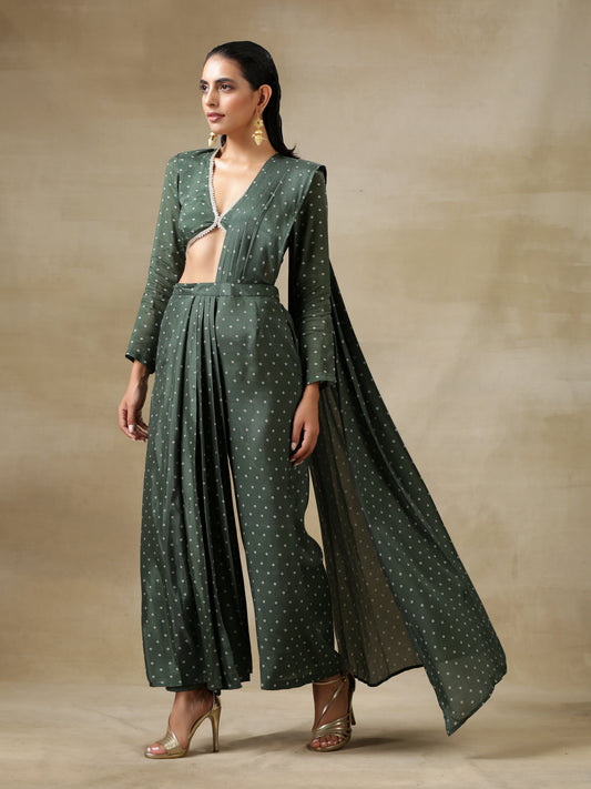 trueBrowns Dark Green Bandhani Printed Silk Palazzo Stitched Saree | Swadesiicart