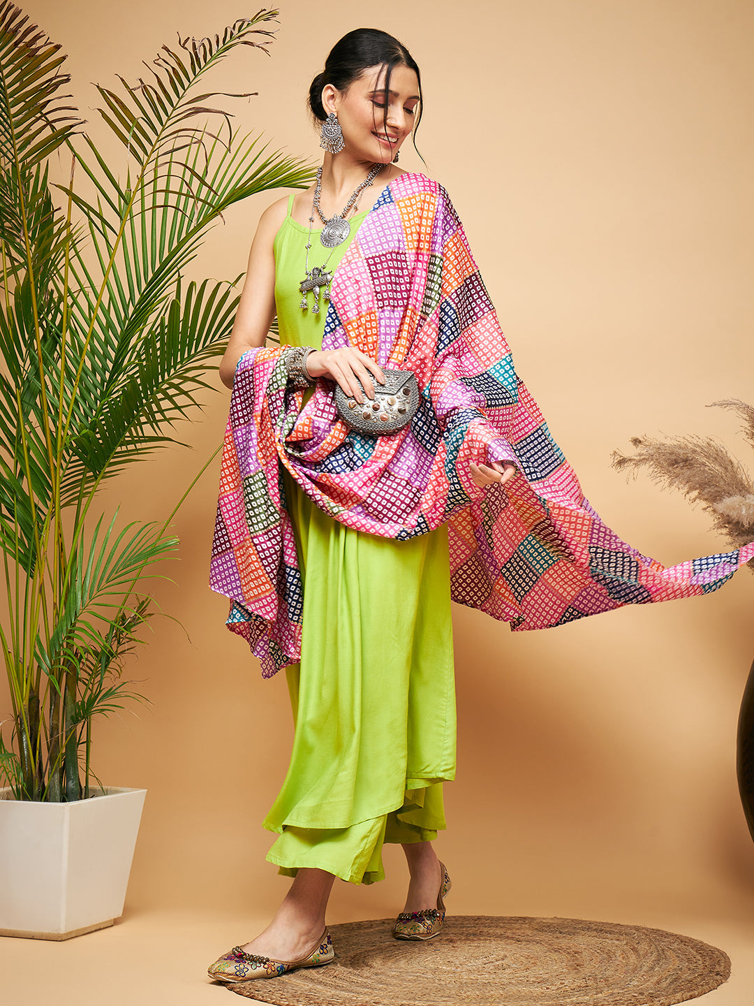 InWeave Women's Lime Green Strappy Set W Square Bandhani Print Silk Dupatta - Swadesiicart
