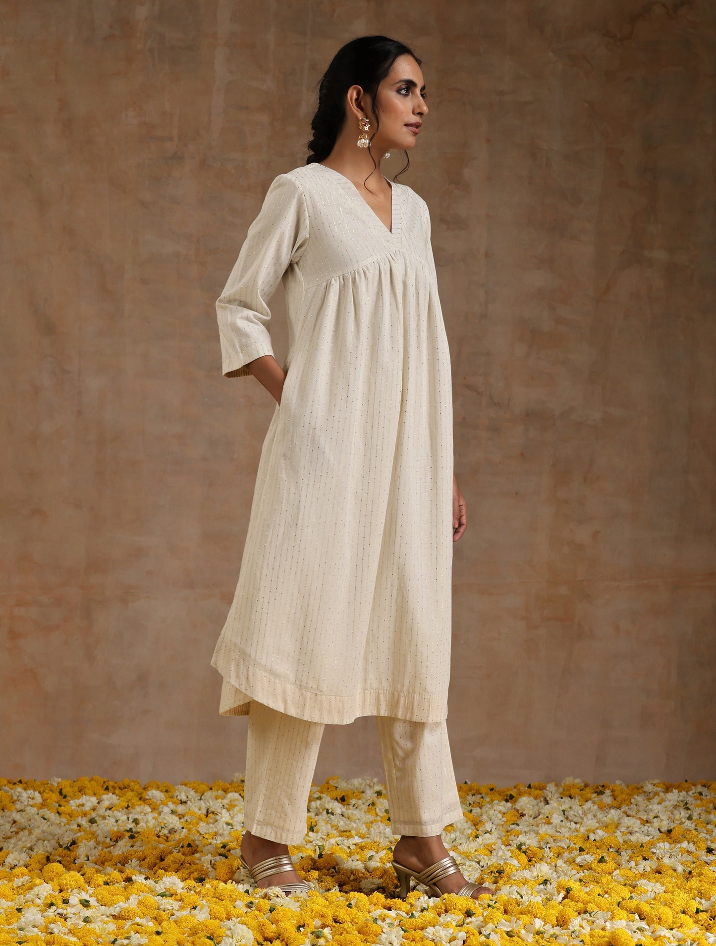 trueBrowns Ivory Gold Cotton Flared Kurta Set | Swadesiicart