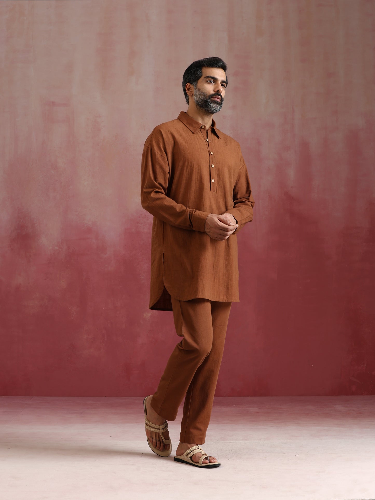 trueBrowns Men's Brown Cotton Shirt Collar Stylized Kurta Co-ord set - Swadesiicart