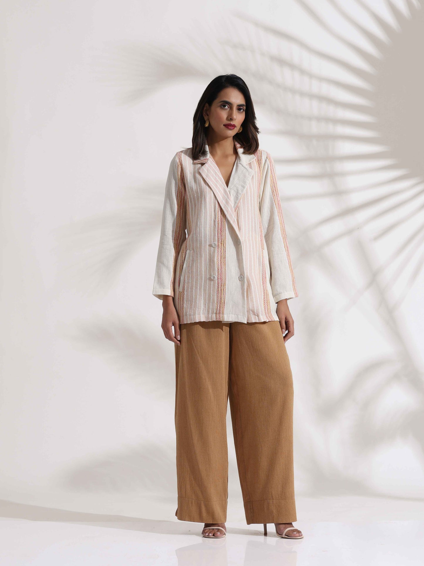 trueBrowns Beige Cotton Stripe Jacket Top Co-ord Set - Swadesiicart