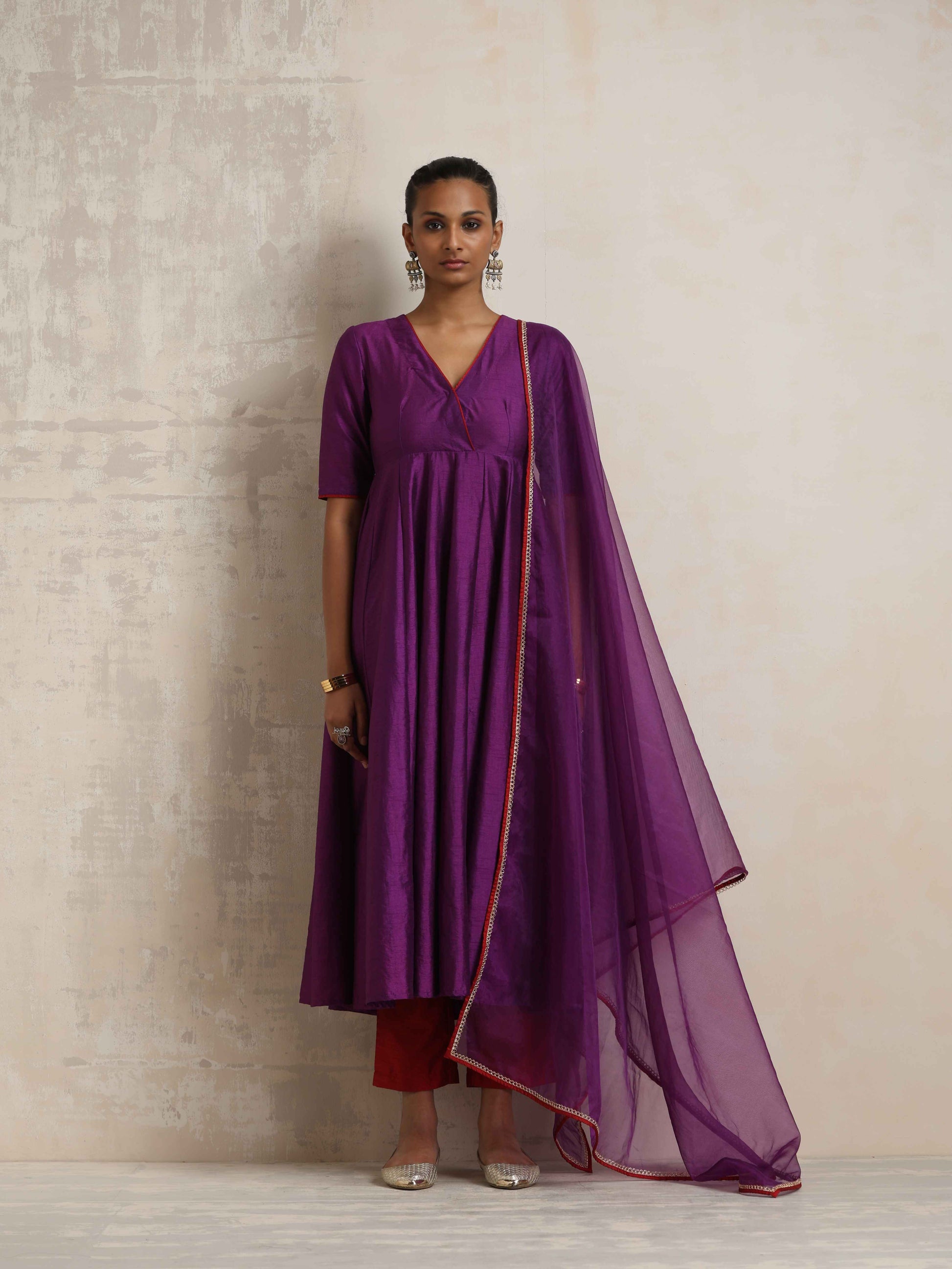 trueBrowns Purple Silk Anarkali Kurta Pant Dupatta Set | Swadesiicart
