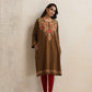 trueBrowns Brown Kashmiri Floral Embroidered Woollen Phiran Kurta | Swadesiicart
