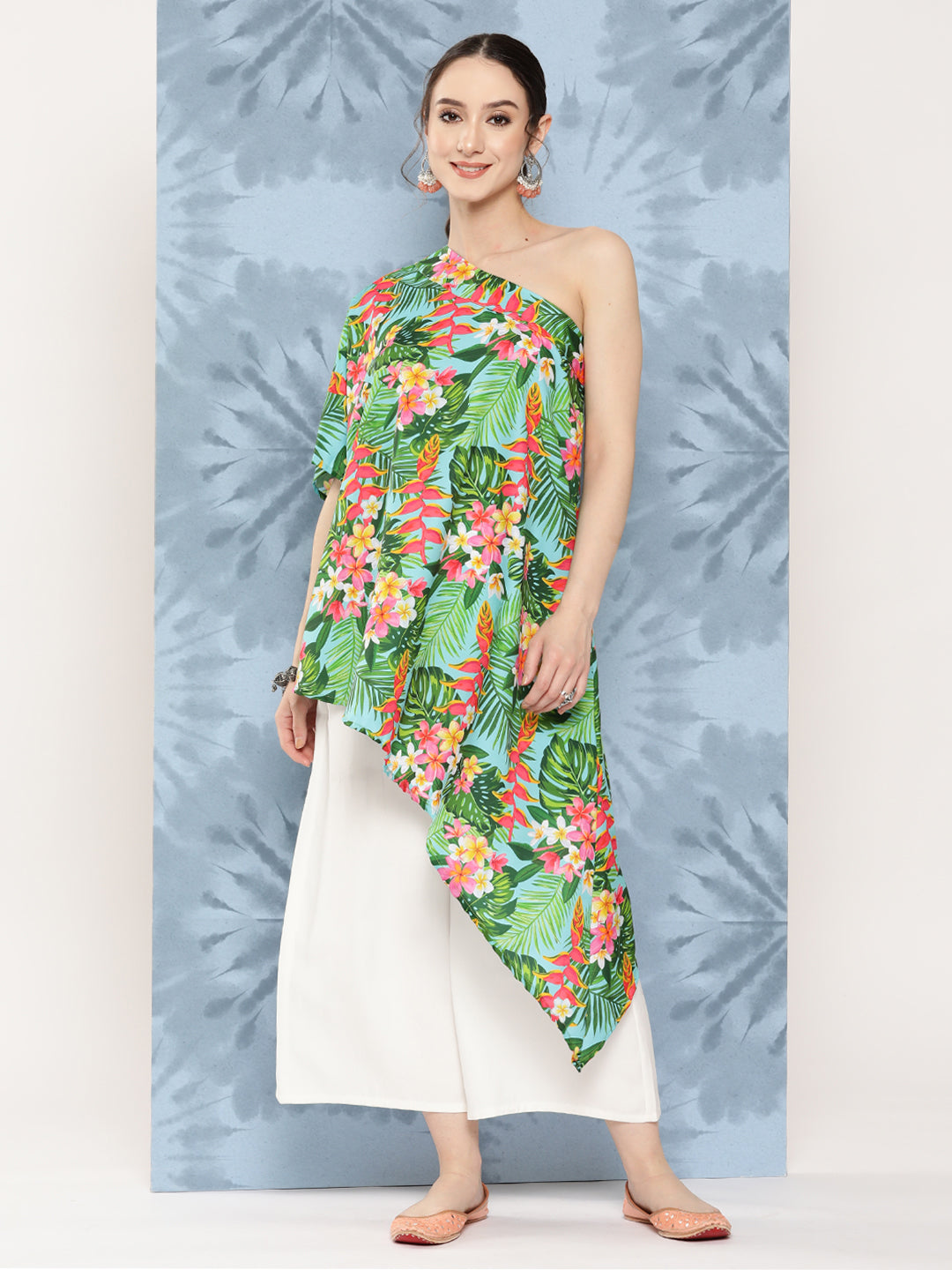 InWeave Women's Mint Green Leaf Japanese Art Oneshoulder Top - Swadesiicart