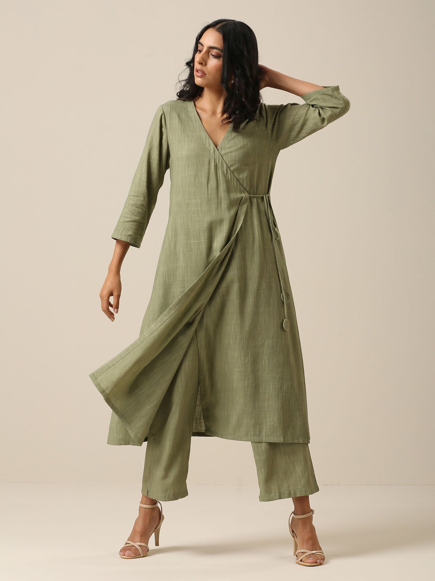 trueBrowns Sage Slub Texture Angrakha Pant Set | Swadesiicart
