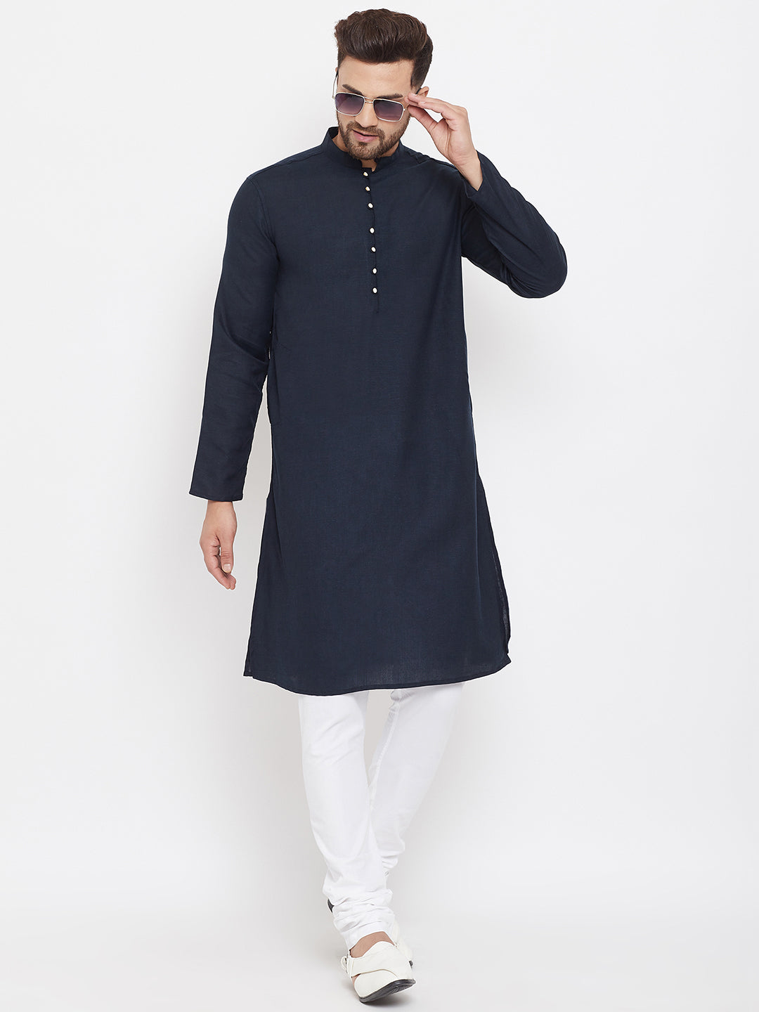 Even Apparels Blue Pure Cotton Kurta With Band Collar | Swadesiicart