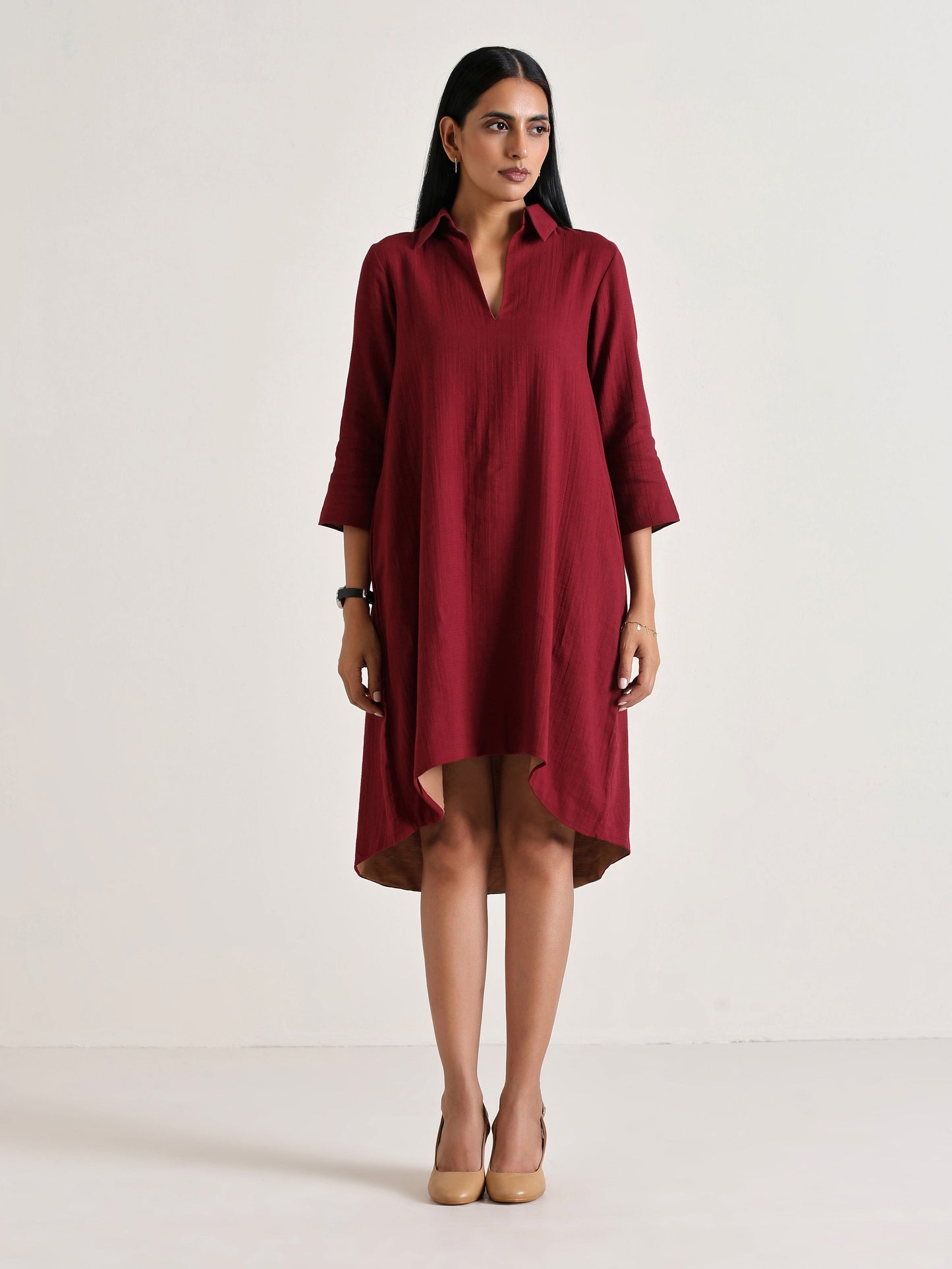 trueBrowns Maroon Short Collared Dress | Swadesiicart