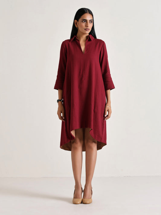 trueBrowns Maroon Short Collared Dress | Swadesiicart