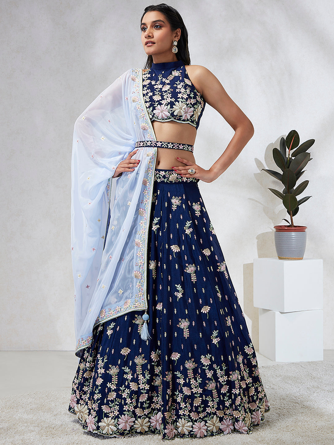 House of Panchhi Navy Blue Pure Georgette Sequins And Thread Embroidery Lehenga Choli & Dupatta | Swadesiicart