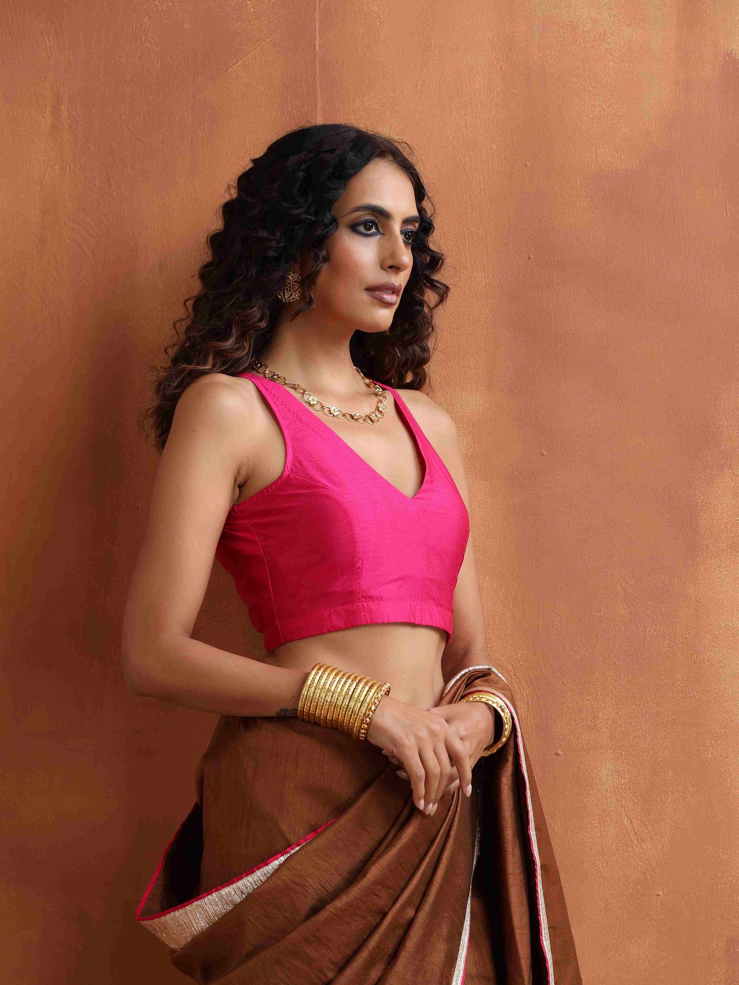 trueBrowns Pink Silk Sleeveless Blouse | Swadesiicart