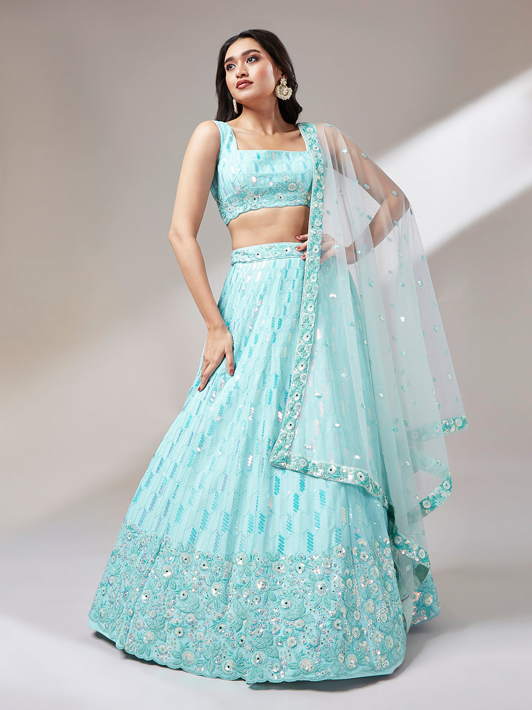 House of Panchhi Turquoise Blue Georgette Sequinse Embroidery Lehenga Choli & Dupatta | Swadesiicart