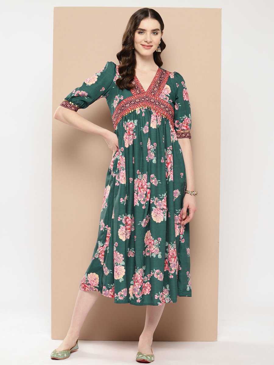 Ahalyaa Women Floral Printed Empire Ethnic Dress | Swadesiicart