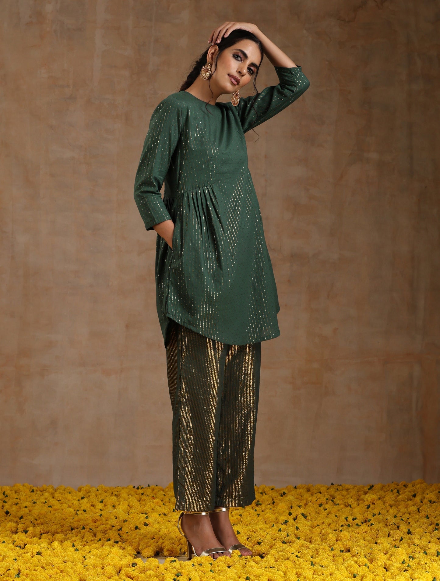 trueBrowns Dark Green Gold Cotton Side Gather Co-Ord Set - Swadesiicart