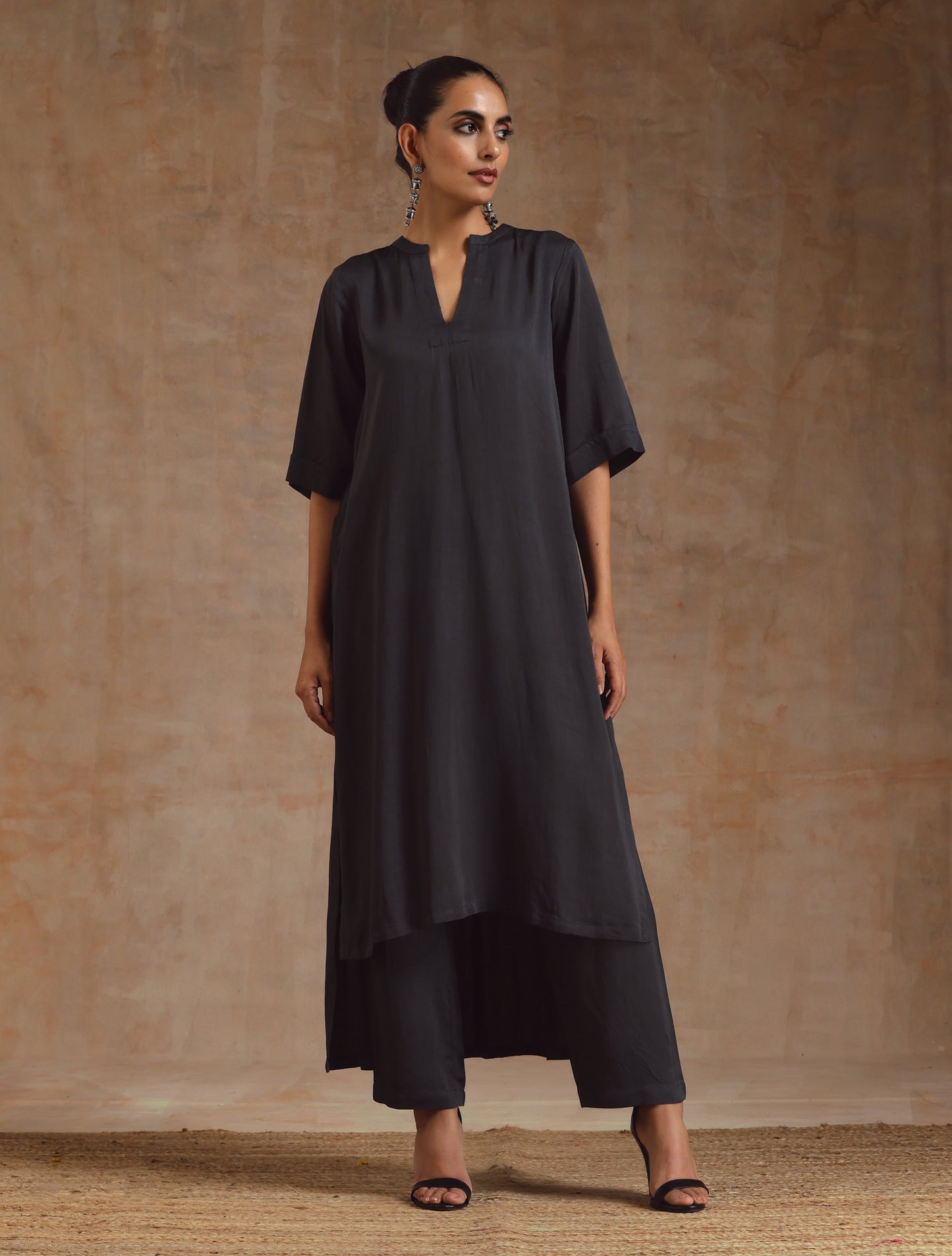 trueBrowns Grey Modal Satin High-Low Relax Kurta Set | Relove | Swadesiicart