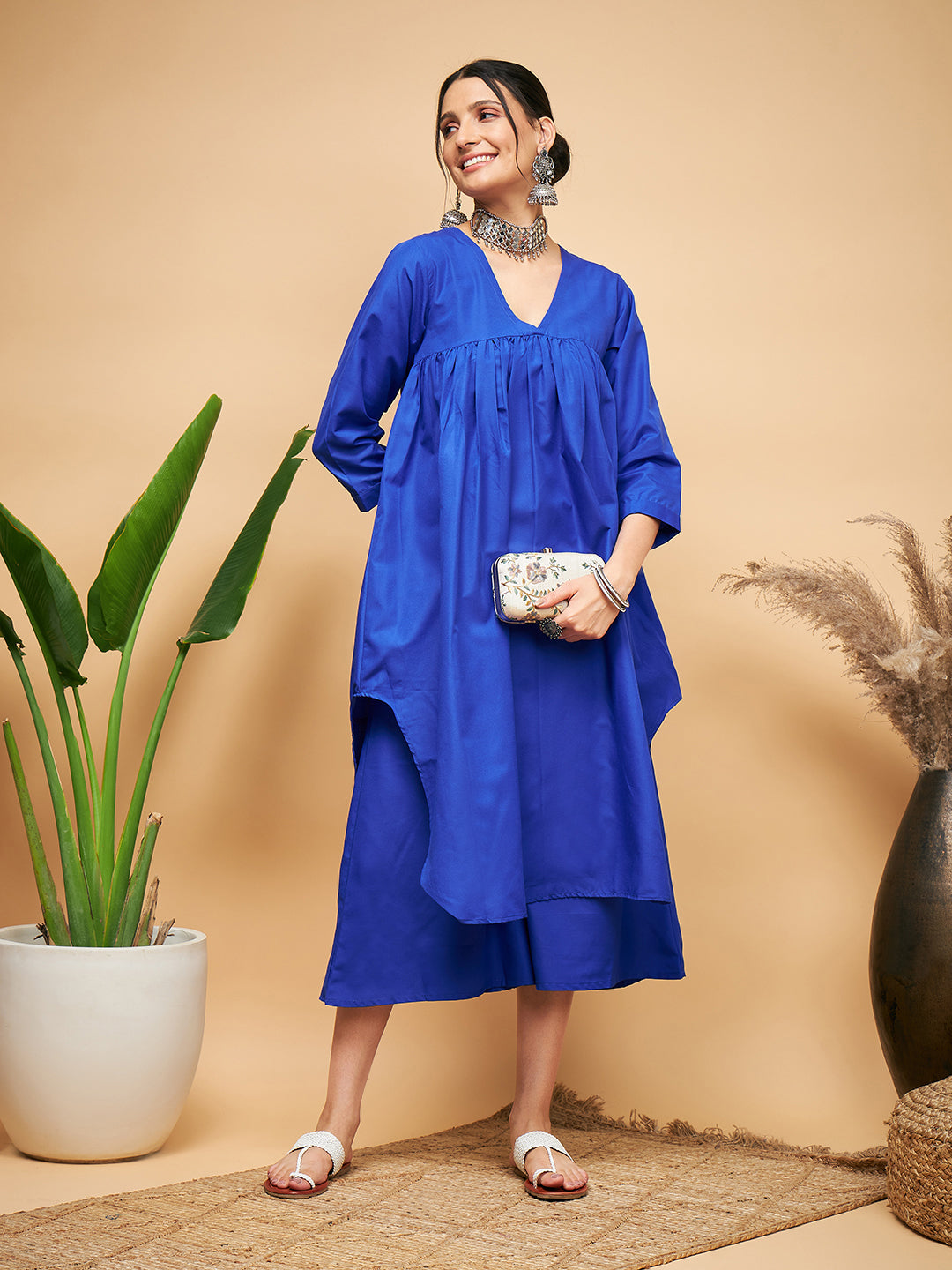 InWeave Women's Ink Blue Flared Kurta Palazzo Set - Swadesiicart