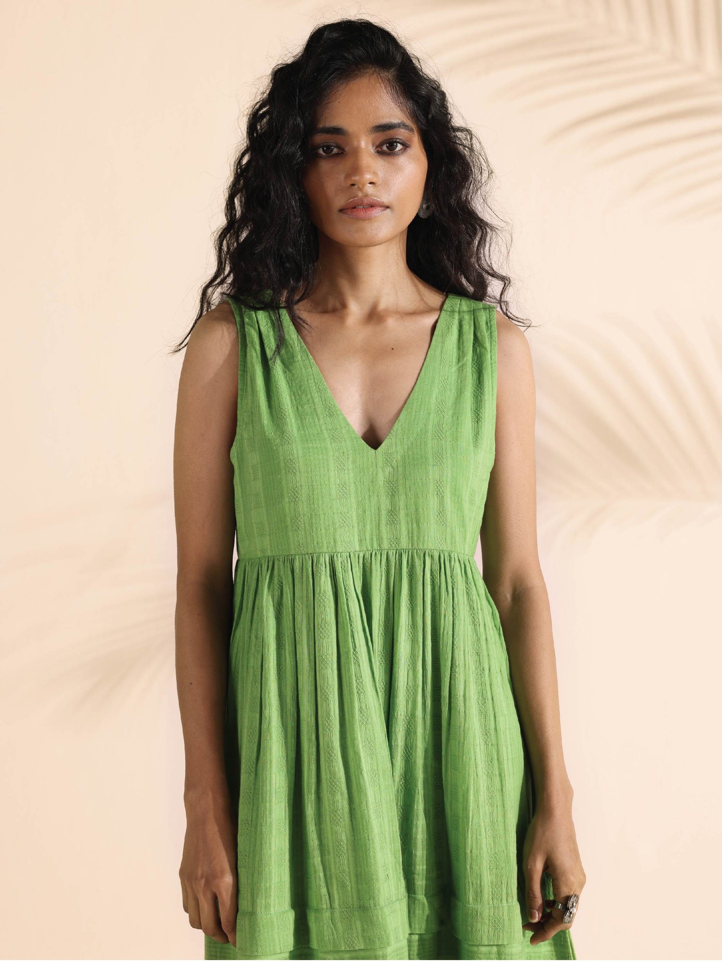 trueBrowns Green Cotton Dobby Yoke Dress | Swadesiicart