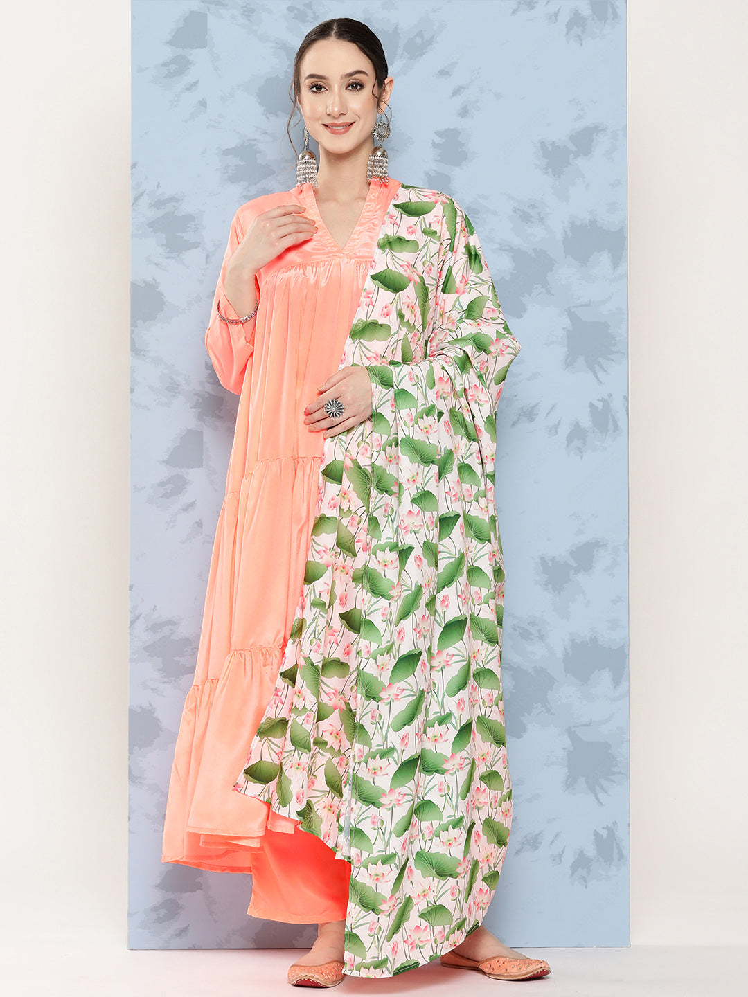 InWeave Women's Peach Tiered Kurta Set With White Pink Lotus Cr Dupatta - Swadesiicart