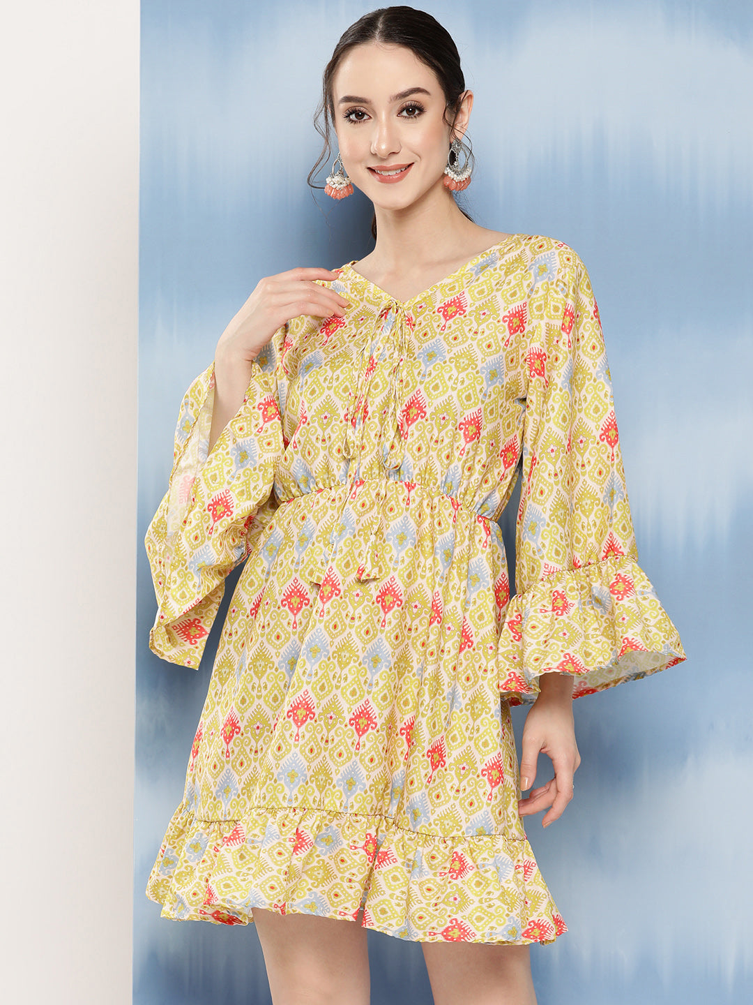 InWeave Women's Yellow Orange Ikkat Print Short Dress - Swadesiicart