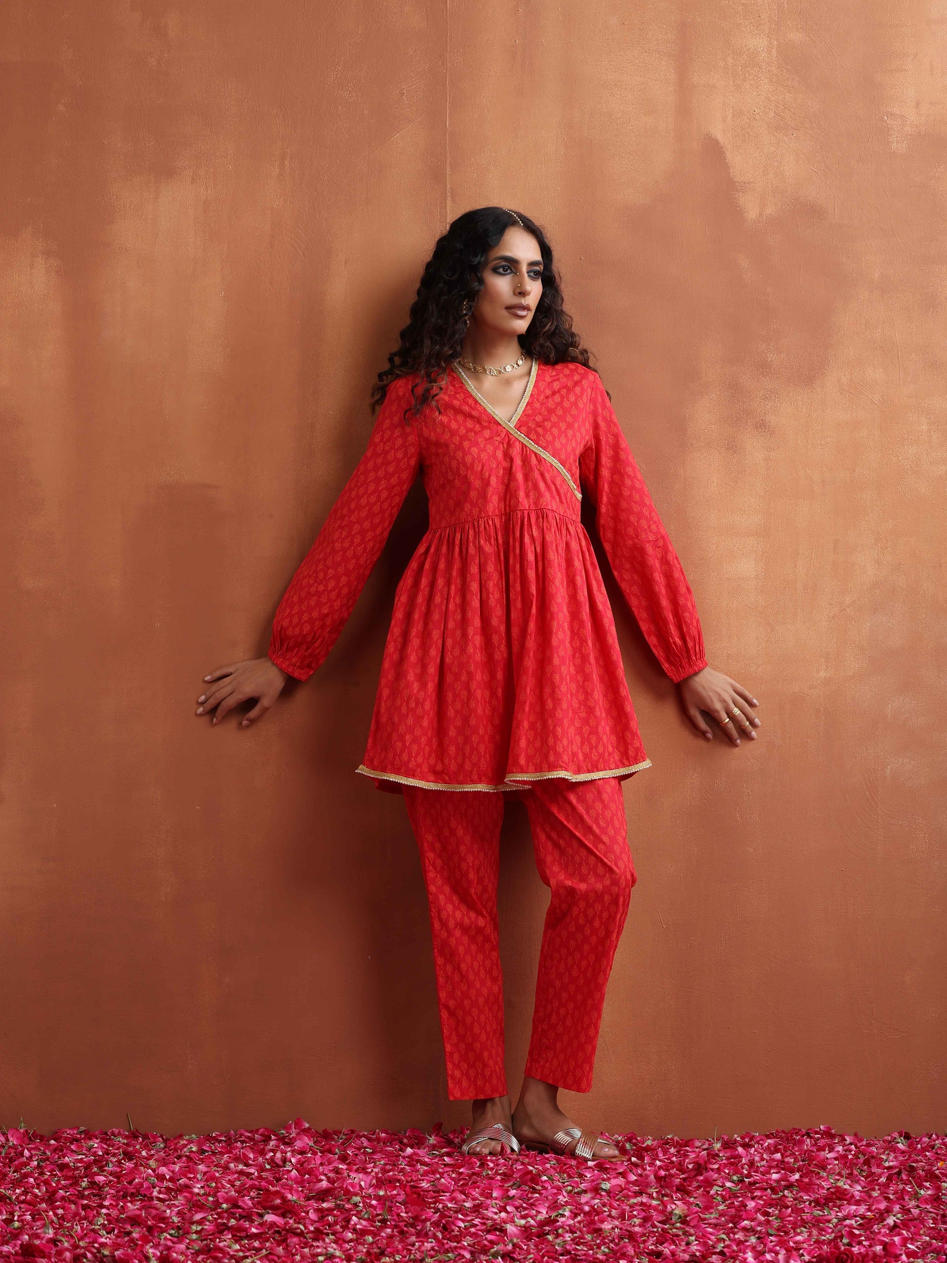 trueBrowns Red Print Angrakha Co-ord Set - Swadesiicart