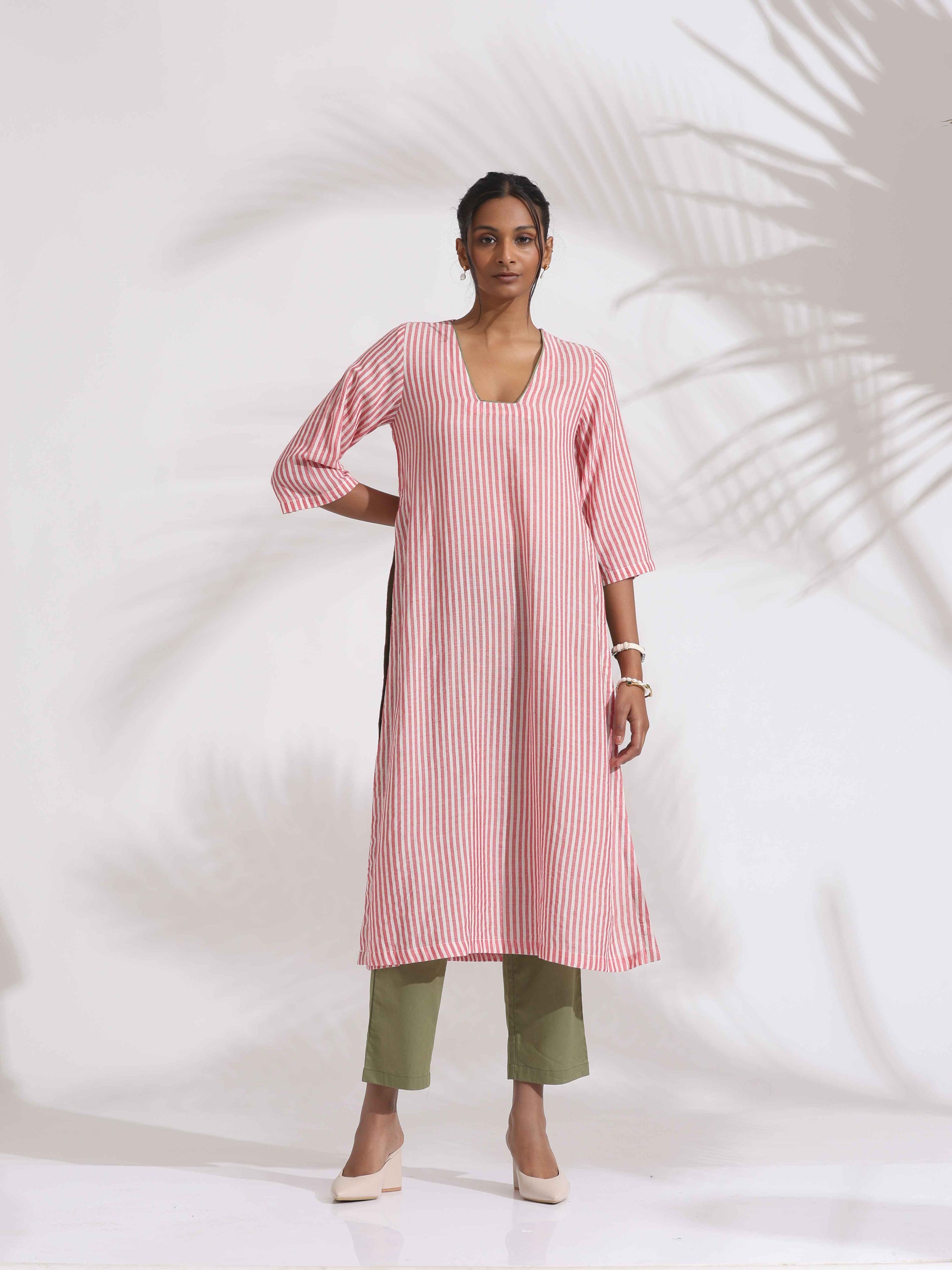 trueBrowns Red Cotton Stripe Straight Kurta Set | Swadesiicart