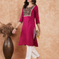 InWeave Women's Wine Printed Neck Patch Work Straight Kurta - Swadesiicart