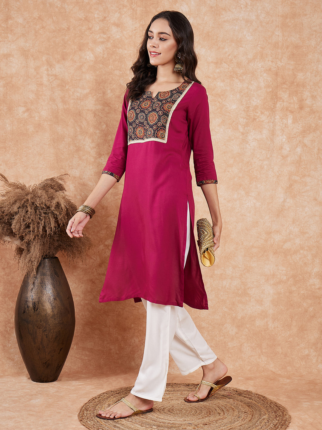 InWeave Women's Wine Printed Neck Patch Work Straight Kurta - Swadesiicart