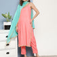 InWeave Women's Pink Lace Work Straight Strappy Kurta Set With Turquoise Chiffon Dupatta - Swadesiicart