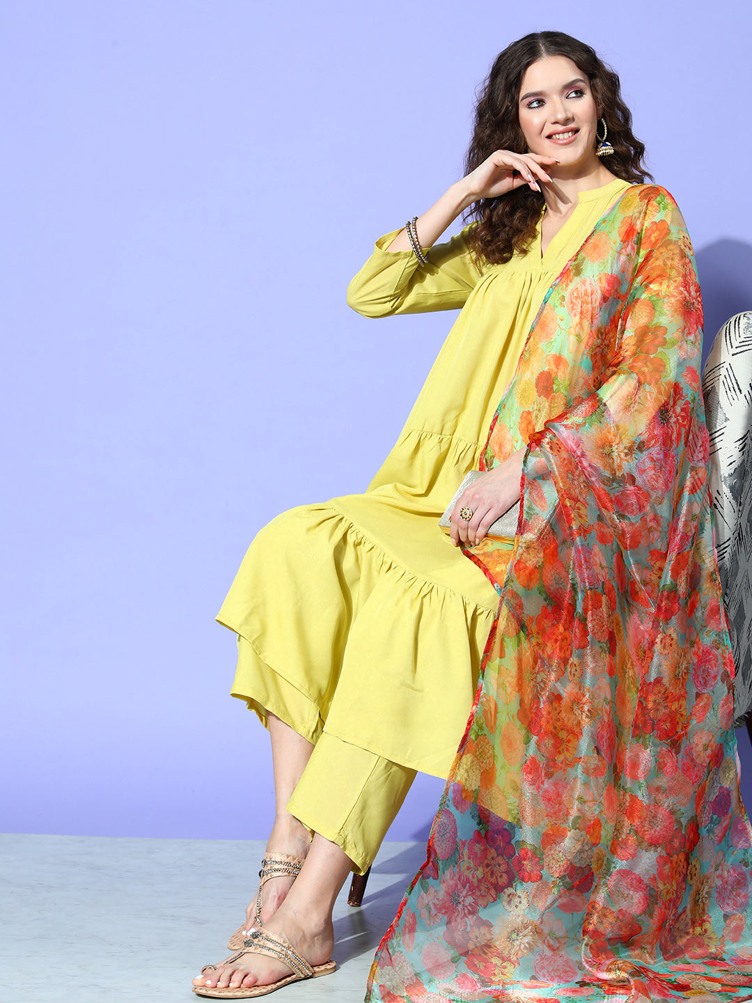 InWeave Women's Lime Green Flared Kurta Set With Green Organza Dupatta - Swadesiicart