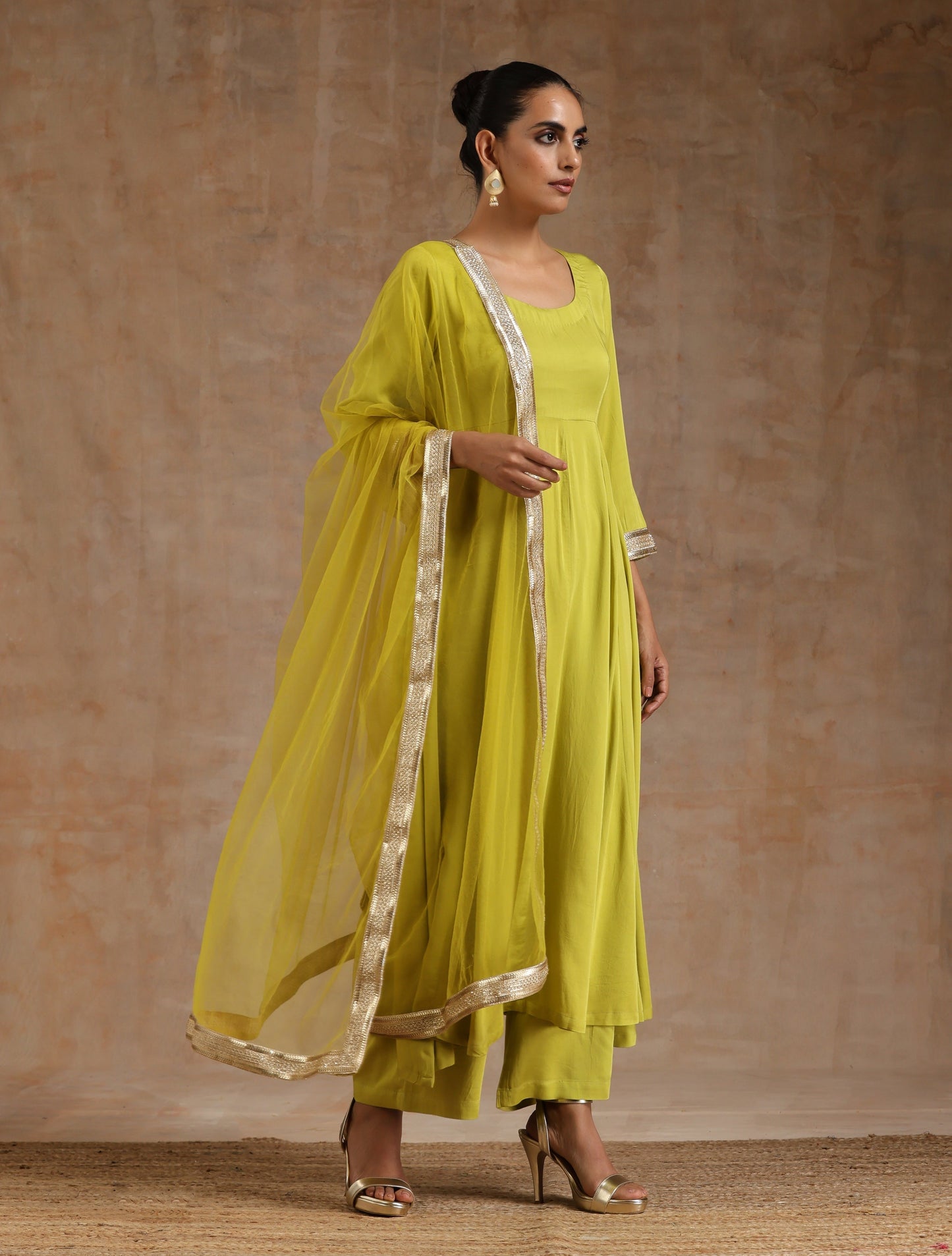 trueBrowns Lime Modal Satin Anarkali Set | Swadesiicart