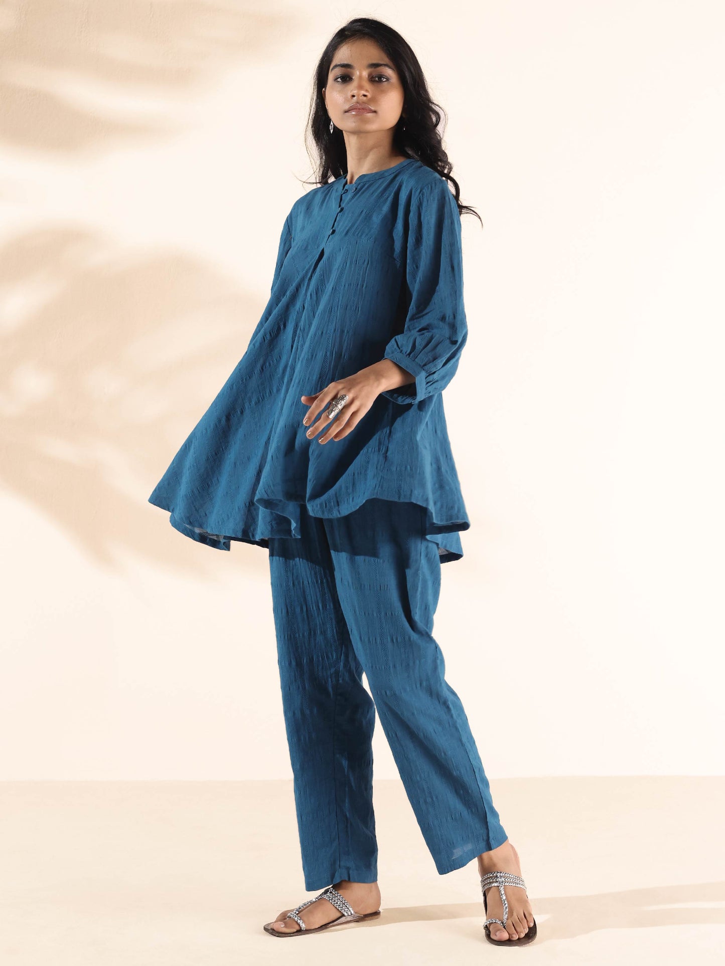 trueBrowns Blue Cotton Dobby Yoke Co-ord Set - Swadesiicart