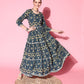 InWeave Women's Blue Ikkat Print Tiered Dress With Lace - Swadesiicart