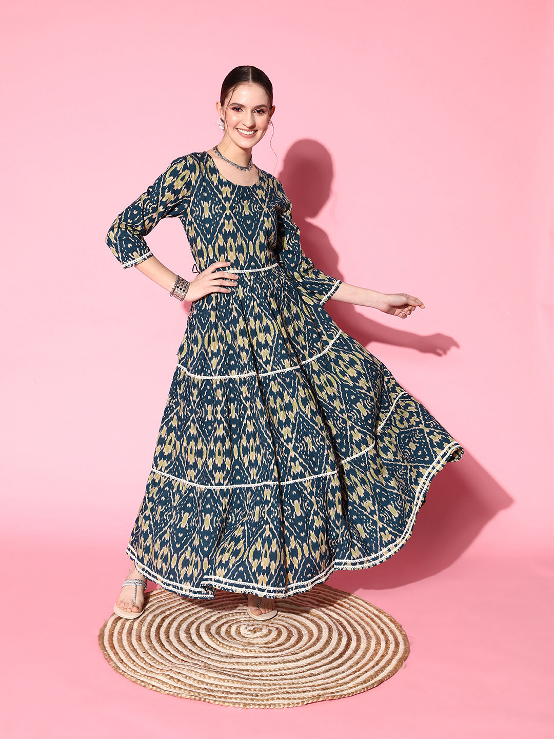 InWeave Women's Blue Ikkat Print Tiered Dress With Lace - Swadesiicart