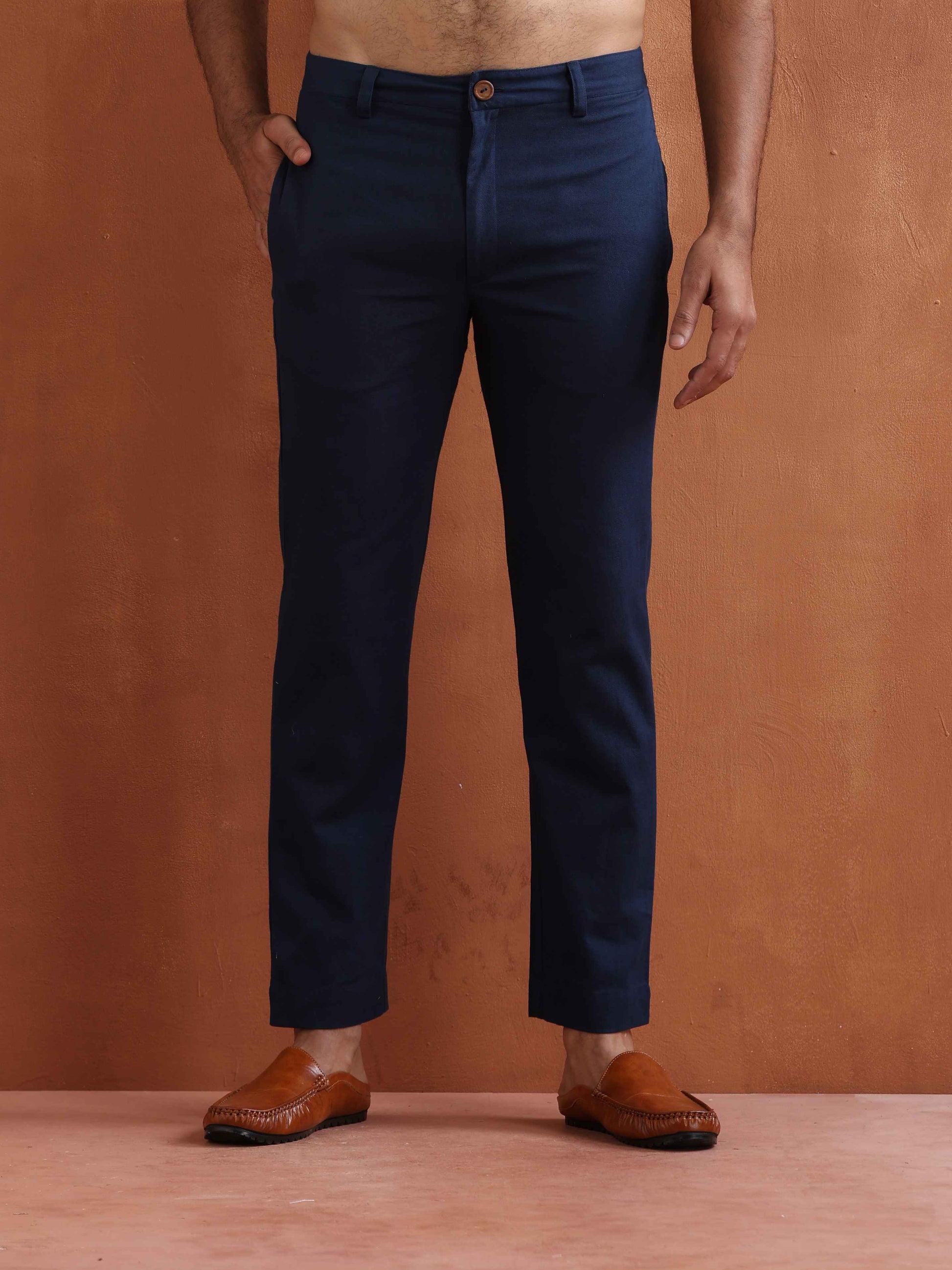 trueBrowns Men's Blue Cotton Twill Pants | Swadesiicart