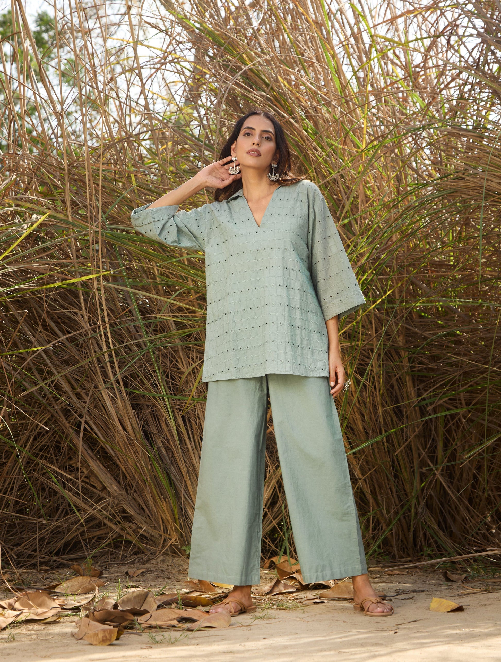 trueBrowns Blue Cotton Cutwork Embroidered Co-ord Set - Swadesiicart