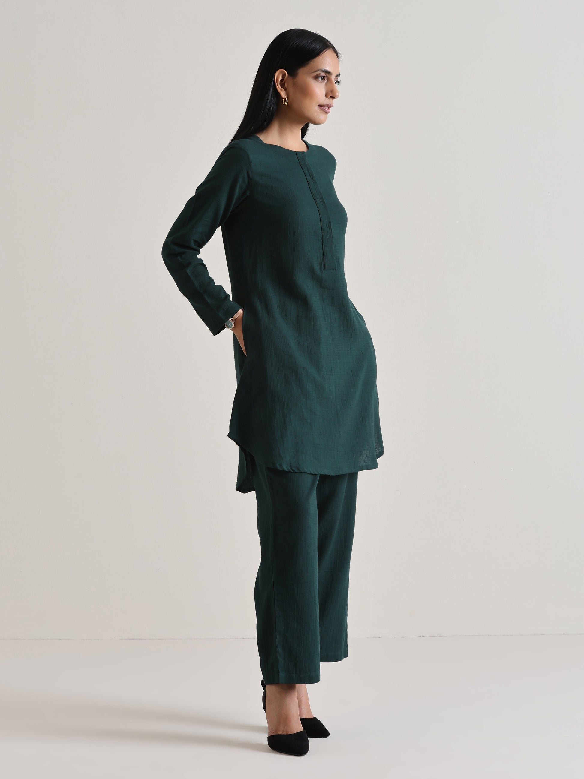 trueBrowns Dark Green Front Placket Co-Ord Set - Swadesiicart