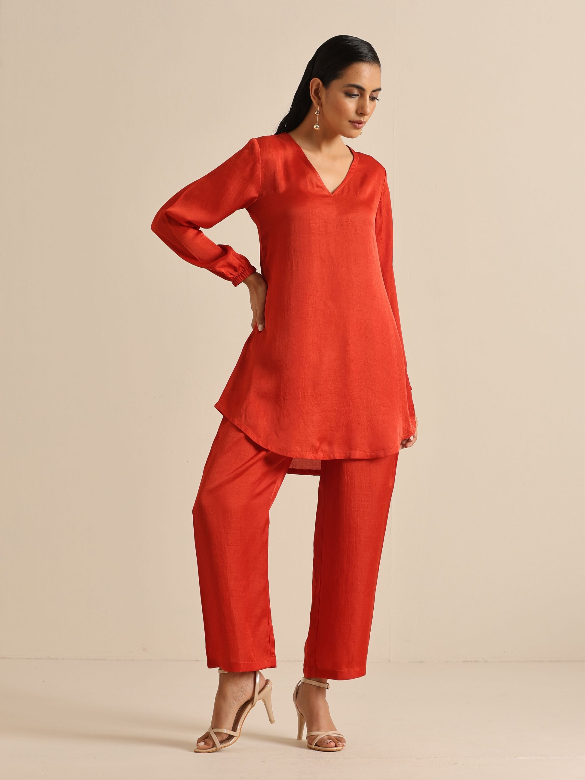 trueBrowns Rust Silk Blend Short Co-Ord Set - Swadesiicart
