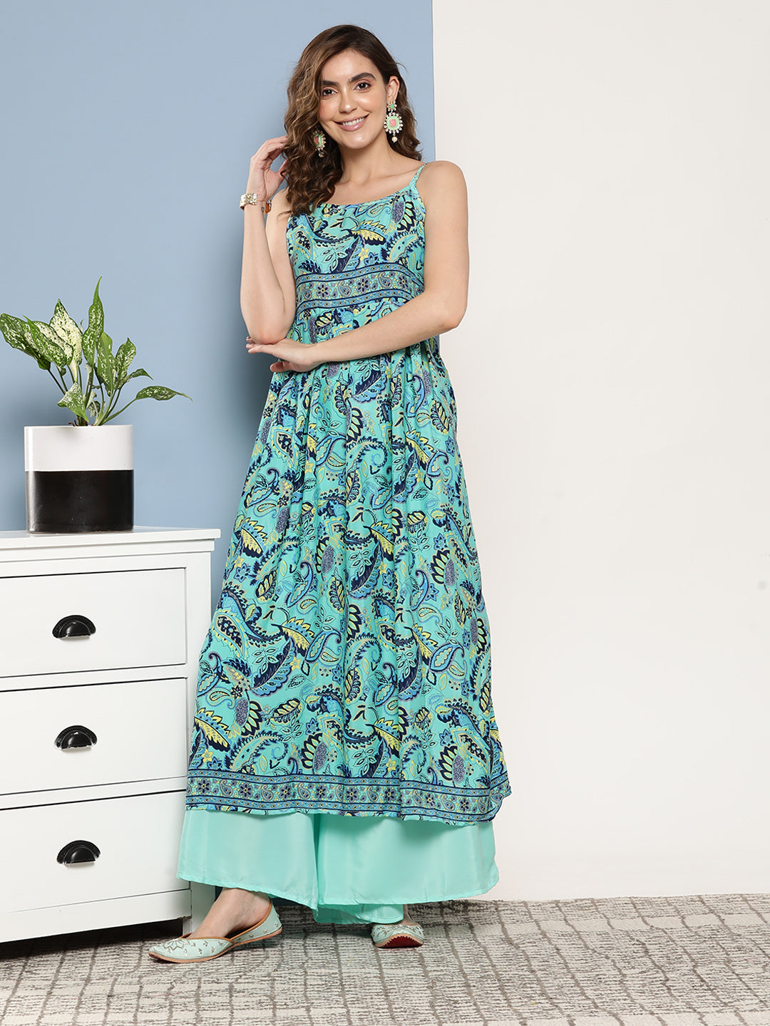 InWeave Women's Camelia Blue Pastel Print Strappy Kurta Set - Swadesiicart
