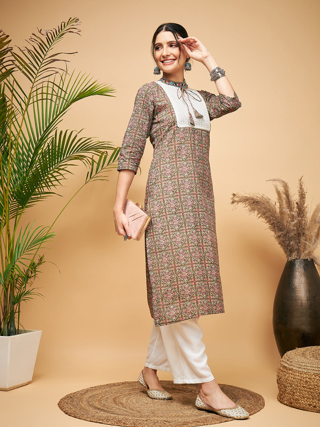 InWeave Women's Green Red Ajrakh Print Cotton Patch Work Straight Kurta - Swadesiicart
