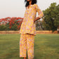 trueBrowns Yellow Cotton Block Print V-Square Neck Co-Ord Set - Swadesiicart