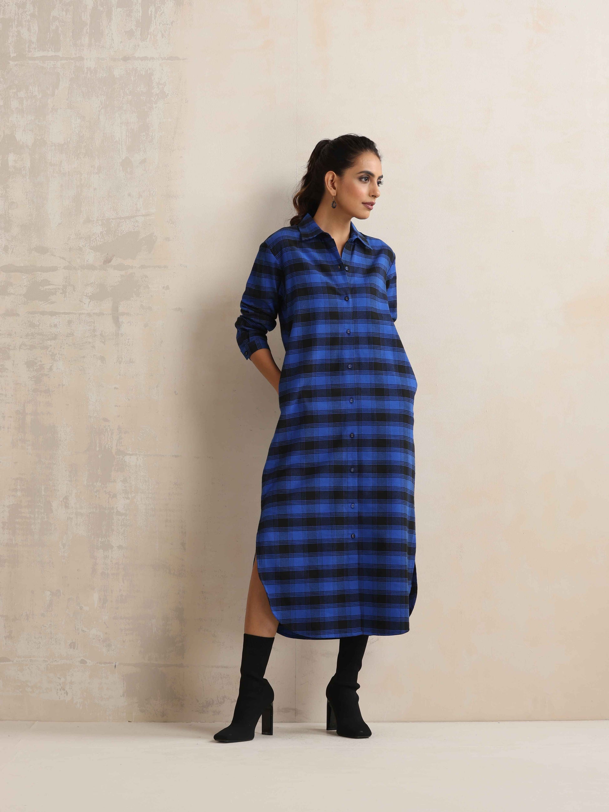 trueBrowns Blue Check Winter Shirt Dress | Swadesiicart