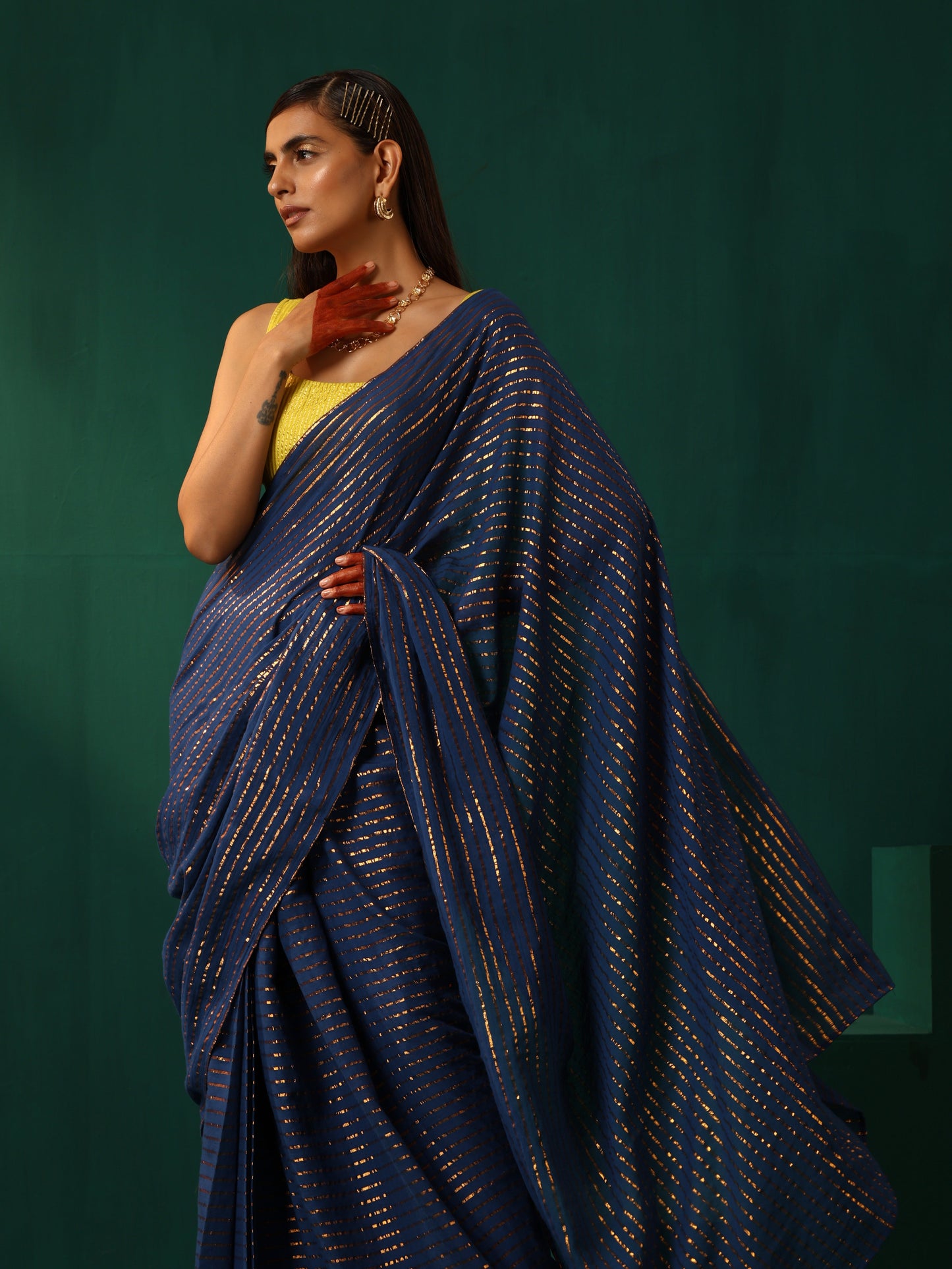 trueBrowns Royal Blue Cotton Gold Lurex Striped Ready to Wear Saree | Swadesiicart