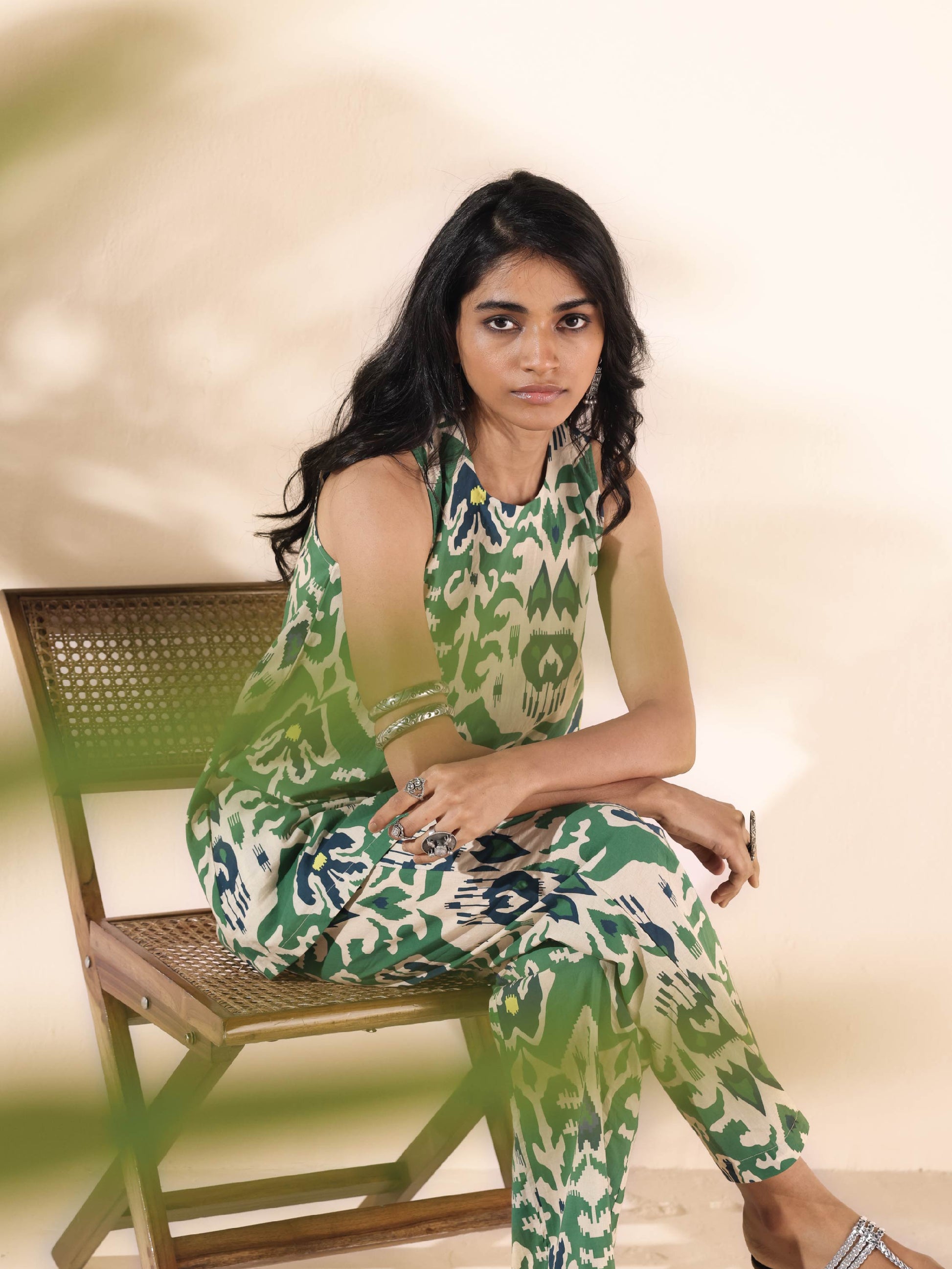 trueBrowns Green Cotton Ikat Sleeveless Co-ord Set - Swadesiicart